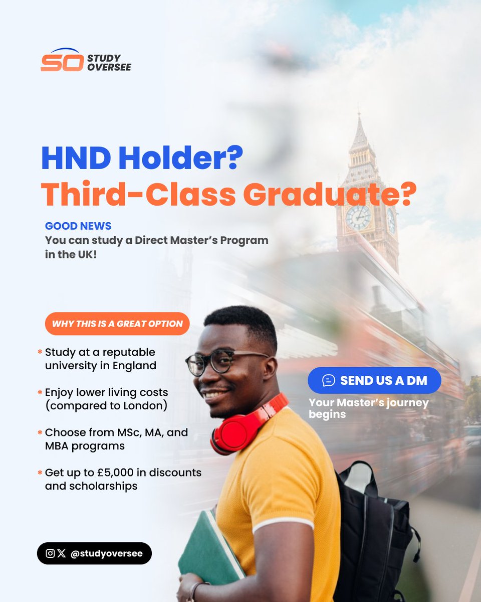 StudyOversee's tweet photo. HND? Third-Class? Don’t count yourself out yet.
There’s a direct Master’s route waiting for you in the UK 🇬🇧
We’ve done it for others. your turn next.
#StudyOversee #StudyAbroad https://t.co/KaVN47YsxA