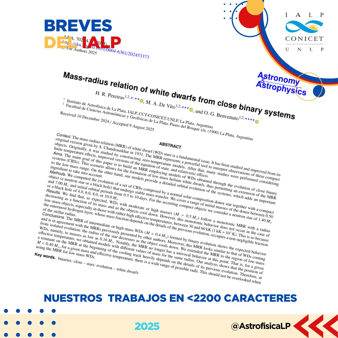R. Pereiras, Ma. A. De Vito y O. Benvenuto (IALP, CONICET–UNLP y FCAG), analizaron cómo luce la relación masa-radio cuando las enanas blancas se forman en sistemas binarios con transferencia de masa, donde una estrella transfiere materia a su compañera ultracompacta.

#IALP