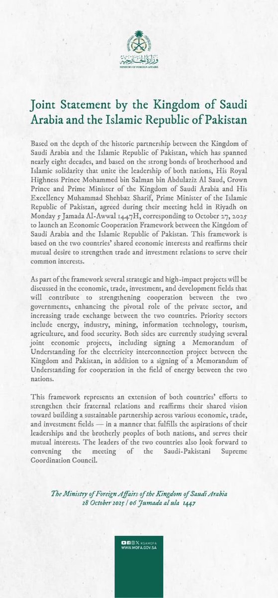 ⸻

🇵🇰🤝🇸🇦
A historic milestone in Pakistan–Saudi relations!
The launch of the Economic Cooperation Framework marks a new era of strategic partnership between our two brotherly nations — led by the visionary leadership of Prime Minister Muhammad Shehbaz Sharif and Crown Prince