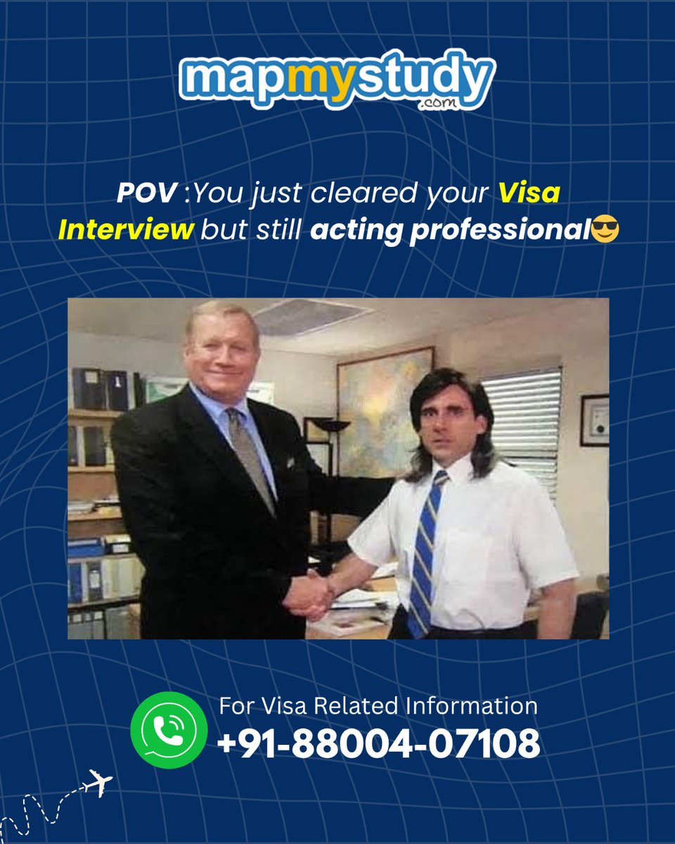 mapmystudy50044's tweet image. That handshake moment when you clear your visa interview but don’t wanna jump and scream yet 😏
Stay calm, you did it!
With MapMyStudy, it’s that easy

📞 Talk to our expert counselors today at 88004-07108 

#StudyAbroad #DreamCollege #MapMyStudy #VisaApproval