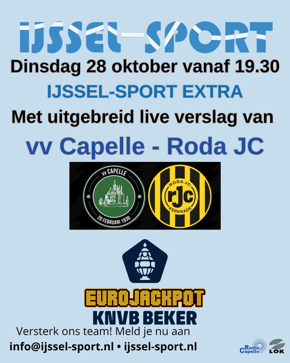 🏆⚽️🎤 Vanavond vanaf 19.30... <a href="/vv_capelle/">V.V. Capelle</a> - <a href="/RodaJCKerkrade/">Roda JC Kerkrade</a> Meer info over de uitzending >> ijssel-sport.nl/sport/17812-di…