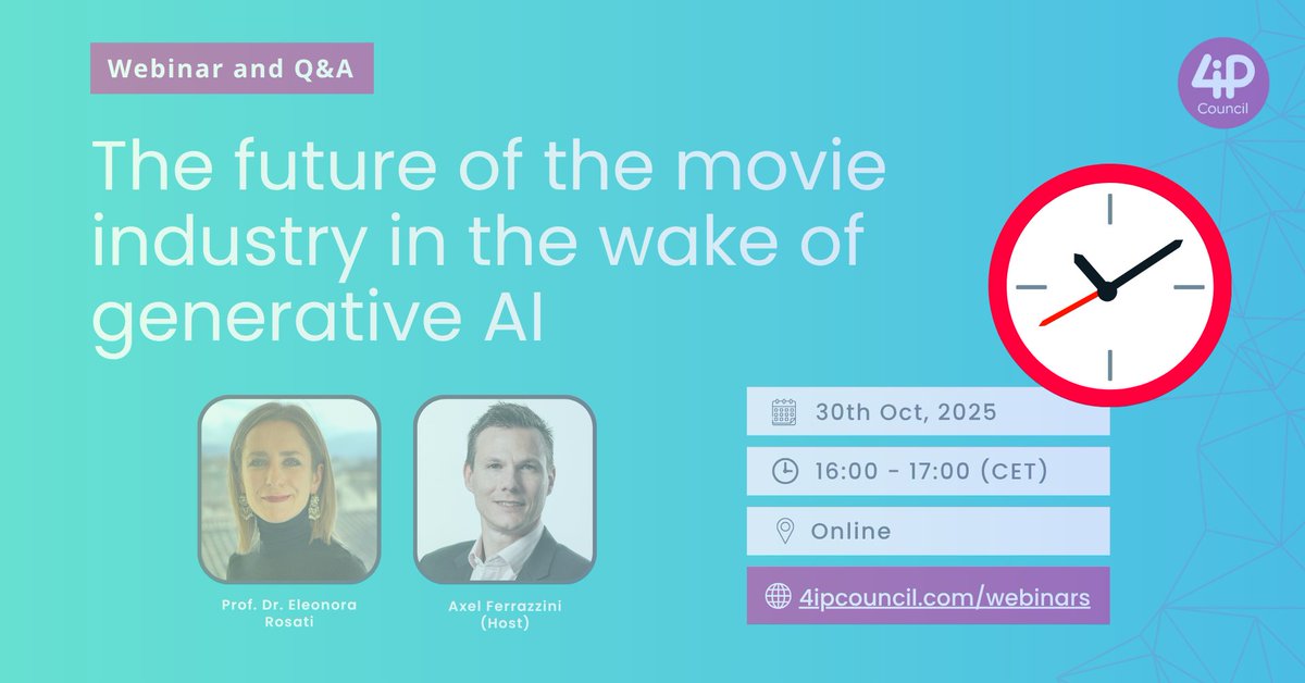 🎬 𝗝𝘂𝘀𝘁 𝟯 𝗱𝗮𝘆𝘀 𝗹𝗲𝗳𝘁!

Join us on 𝟯𝟬 𝗢𝗰𝘁𝗼𝗯𝗲𝗿 𝗮𝘁 𝟭𝟲:𝟬𝟬 𝗖𝗘𝗦𝗧 for our webinar:

𝙏𝙝𝙚 𝙁𝙪𝙩𝙪𝙧𝙚 𝙤𝙛 𝙩𝙝𝙚 𝙈𝙤𝙫𝙞𝙚 𝙄𝙣𝙙𝙪𝙨𝙩𝙧𝙮 𝙞𝙣 𝙩𝙝𝙚 𝙒𝙖𝙠𝙚 𝙤𝙛 𝙂𝙚𝙣𝙚𝙧𝙖𝙩𝙞𝙫𝙚 𝘼𝙄

🎥 With Prof. Dr. Eleonora Rosati, we’ll explore how EU &amp;