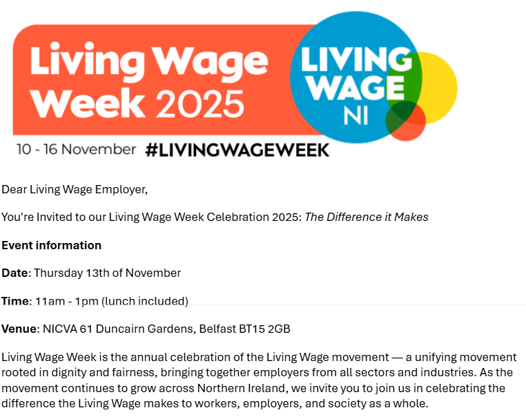 DATE FOR YOUR DIARY

Please register to attend this <a href="/AdviceNI/">Advice NI</a>  #LivingWageNI event at @nicva here ... 

eventbrite.co.uk/e/living-wage-…

<a href="/Mary_BMac/">Mary McManus</a> <a href="/Economy_NI/">Economy NI</a> <a href="/CArchibald_SF/">Caoimhe Archibald MLA</a> <a href="/LivingWageUK/">Living Wage Foundation</a> 

#AntiPovertyStrategyGroup
#LivingWageWeek