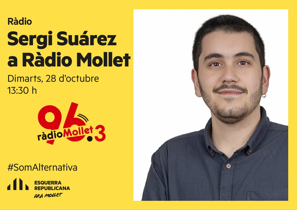 ⏰ Bon dia! A partir de les 13.30h el regidor d'<a href="/aramolleterc/">Ara Mollet ERC #SomAlternativa</a>, <a href="/sergisuarezm/">Sergi Suárez</a>, participa en l’espai de “Portaveus Municipals” de <a href="/radiomollet963/">Ràdio Mollet 96.3 FM</a>🎙

📻 Sintonitza-la al 96.3 FM o escolta-la a través de radiomollet.com 

#SomAlternativa