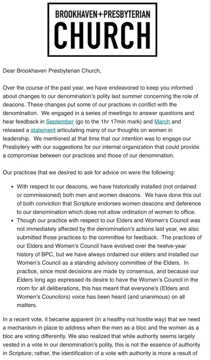 thisisfoster's tweet image. It is beyond dispute that there are functional female officers in the PCA...

This letter makes it abundantly clear that the leadership of Brookhaven Presbyterian Church (BPC) is pressuring their local presbytery to compromise on the PCA’s required practices regarding male-only…