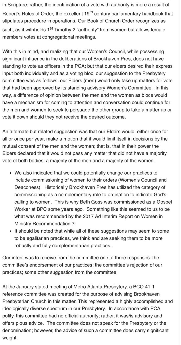 thisisfoster's tweet image. It is beyond dispute that there are functional female officers in the PCA...

This letter makes it abundantly clear that the leadership of Brookhaven Presbyterian Church (BPC) is pressuring their local presbytery to compromise on the PCA’s required practices regarding male-only…