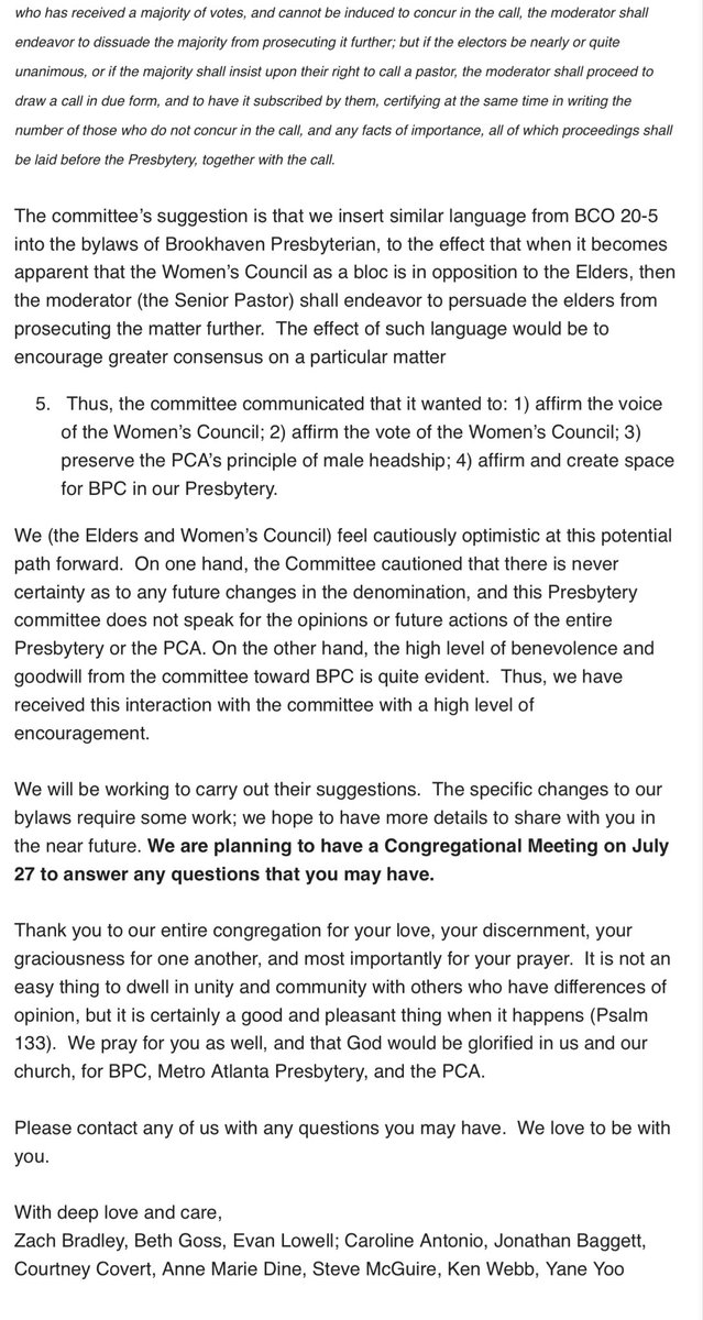 thisisfoster's tweet image. It is beyond dispute that there are functional female officers in the PCA...

This letter makes it abundantly clear that the leadership of Brookhaven Presbyterian Church (BPC) is pressuring their local presbytery to compromise on the PCA’s required practices regarding male-only…