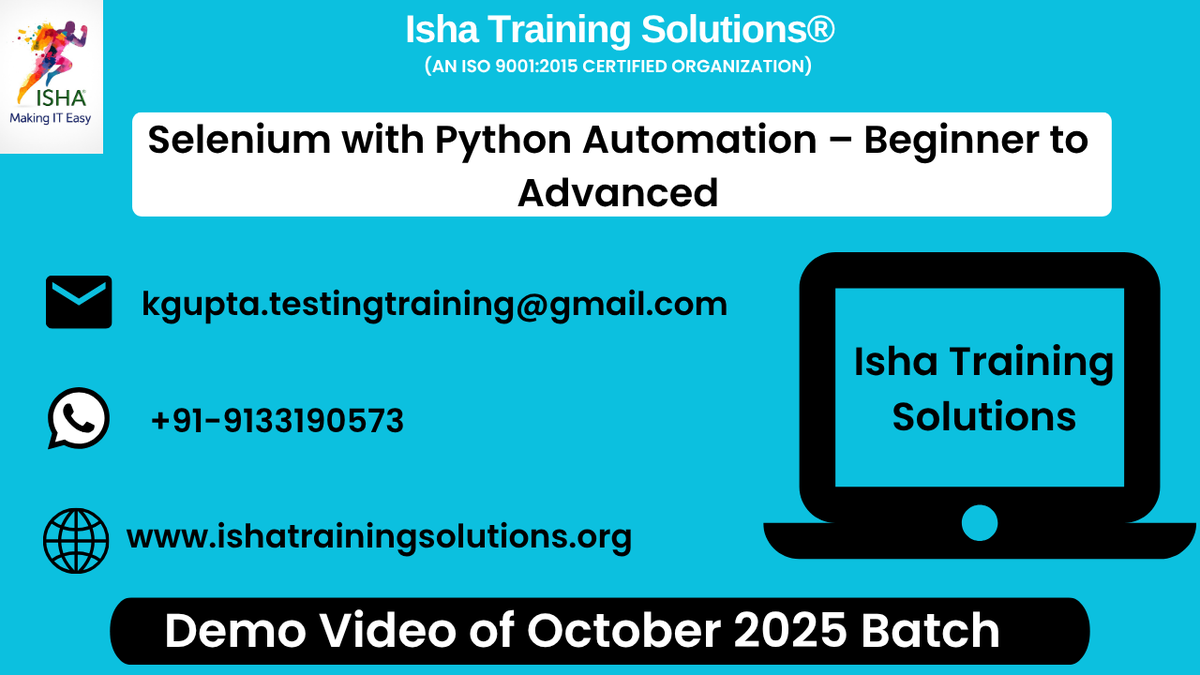 IshaKumargupta's tweet image. Selenium with Python Automation – Beginner to Advanced -Demo Video
youtu.be/HcBmtpAPu_s
Enrollments are still in progress
Regular sessions will start from:28th Oct@9 PM(IST)/28th Oct@11:30AM(EST)
The course Price:6,900 INR/89 USD
Call/WhatsApp@+9133190573
#SeleniumWithPython