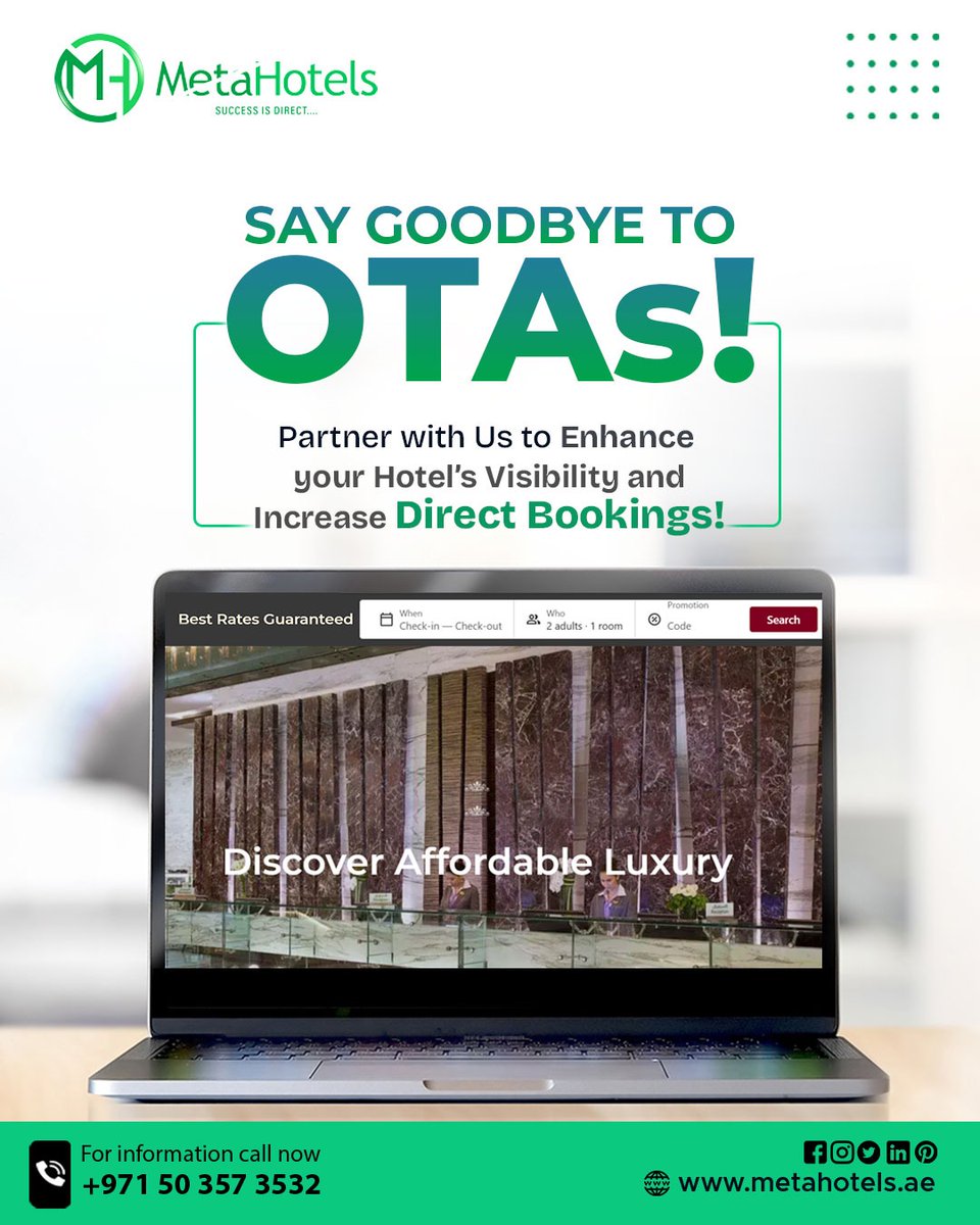 meta_hotels's tweet photo. Take control of your bookings with MetaHotels — your partner in maximizing direct bookings and building a strong hotel brand presence.
📞For more information, call +971 50 357 3532
🌐 Visit: https://t.co/Z3ov5B6sKS
#MetaHotels #FairPlayForHotels #NoMoreRateParity  #DirectBookings https://t.co/JtFKh9MZr1