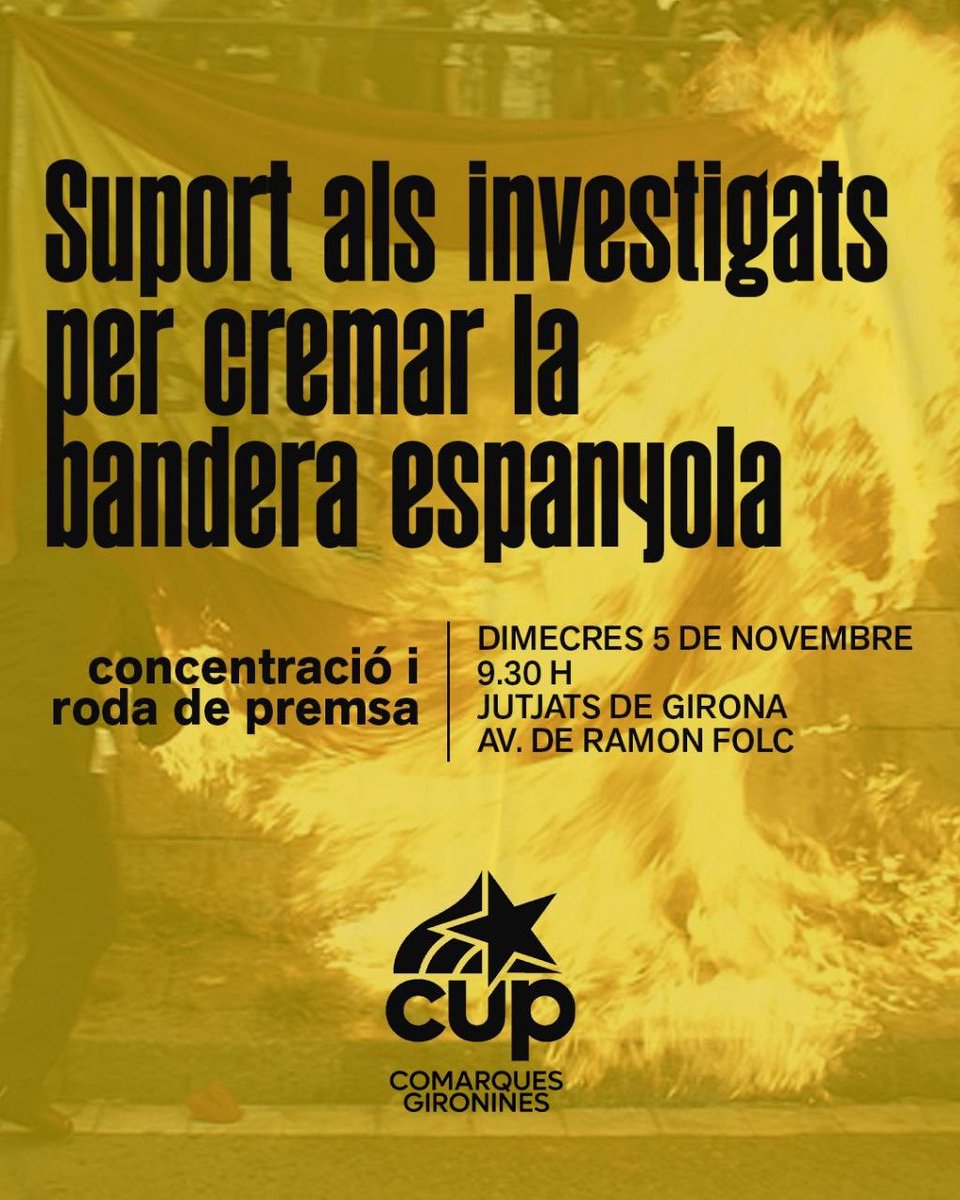 Dimecres vinent ens veiem als Jutjats de Girona per donar suport als investigats per cremar la bandera espanyola, un d'ells el nostre regidor a l'Ajuntament de Sant Gregori
🔥Solidaritat represaliades independentistes
#DefensemLaTerra #cup #cupvalldellemena #cupcomarquesgironines