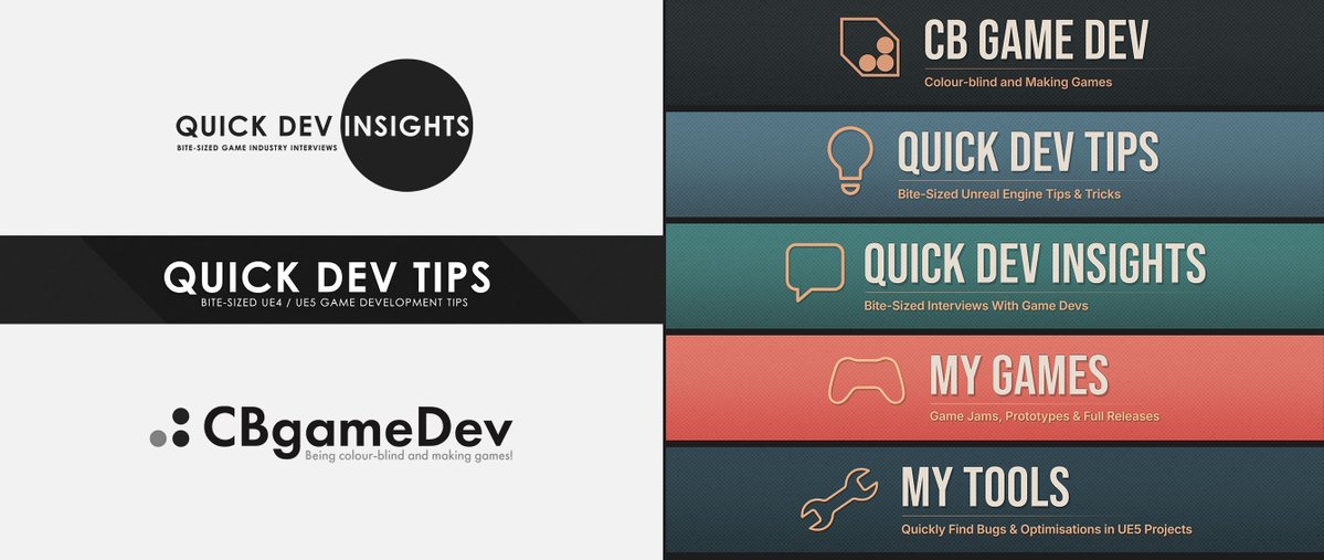 cbGameDev's tweet image. When I started making game dev content, it was for fun; never thought about branding.
Years later… realised none of it matched 😅

So this weekend I fixed that!
Now things have their own unique identity while still feeling connected

Read how I did it 👉 buff.ly/uTG5y9g…