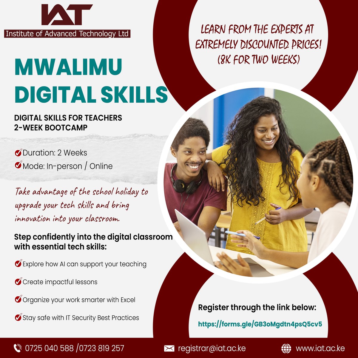 IATCollege's tweet photo. What's on your school holiday to-do list?
Here's one item that will reduce your stress next term: Level up your digital skills!
Join our 2-week Mwalimu Digital Skills Bootcamp and step back into your classroom as the tech-savvy teacher everyone relies on. https://t.co/PAbSPKwy0w