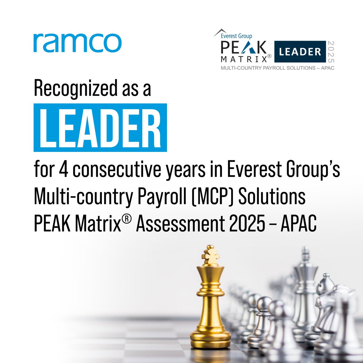 RamcoSystems's tweet photo. We’re proud to be recognized as a ‘Leader’ for four consecutive years in Everest Group’s 2025 APAC Multi-Country Payroll (MCP) Solutions PEAK Matrix® Assessment!
Read the full report here: https://t.co/Yd419SV56T https://t.co/wrrfaiZh5T