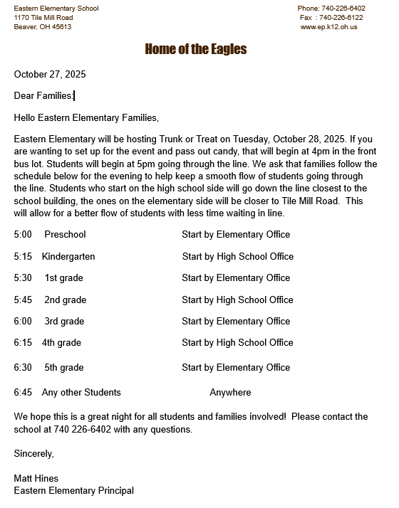 EasternLocalSD's tweet image. All families are invited to come out and enjoy a fun evening with Trunk or Treat at Eastern Elementary between 5-7pm tonight. Please see attached schedule to help ensure an enjoyable experience for all the kids.