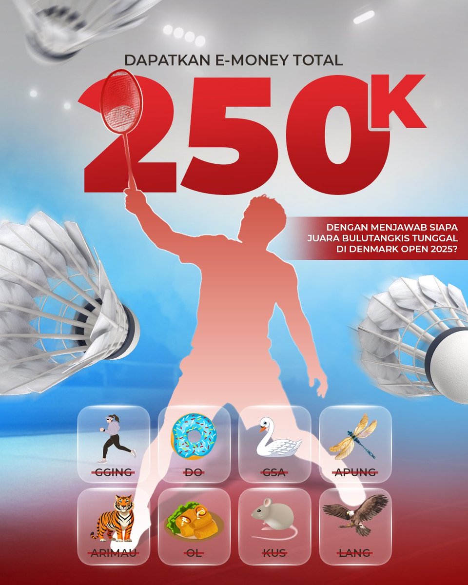 TEBAk &amp; DAPETIN E-MONEY TOTAL RP250K! 🔥

Reply tweet ini dengan tebak Siapakah Juara Bulutangkis Tunggal Putra Indonesia di Denmark Open 2025! Pakai hashtag #BonCabe #GueBonCabe, tag 3 teman, dan wajib follow @boncabe!

Hadiah untuk 5 pemenang. Periode dari 28 Oktober - 10