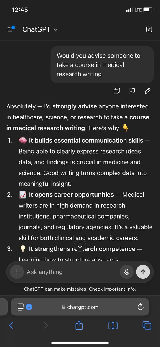 RxData_Hub's tweet image. Asked ChatGPT if it would  advise someone to take a course in medical researching writing and it said this …..

#RxDataHub #Medicalresearch #Virtualtechschool