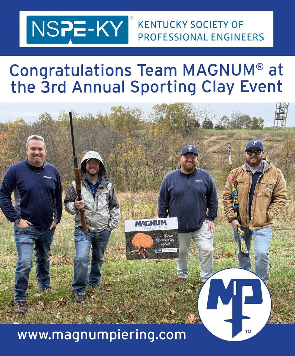 MagnumPieringIn's tweet image. Congratulation Team MAGNUM @ 3rd Annual NSPE Sporting Clay Event
Matthew Houliston, PE Ryan Agin, PE Kelly Padgett #helicalpile, #screwpiles, #deepfoundations, #magnumpiering