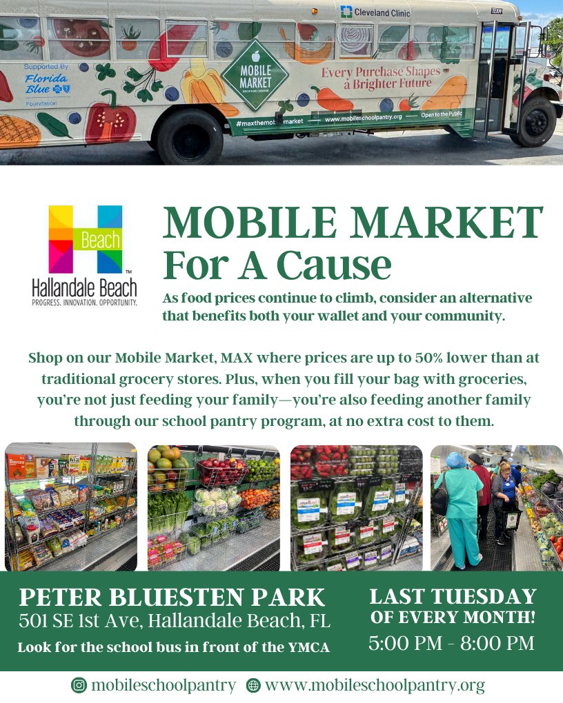 The Mobile School Pantry is coming to Peter Bluesten Park for their Fill A Bag, Feed A Family Mobile Farmer’s Market TODAY from 5-8 pm. Visit their air-conditioned bus retrofitted to sell fresh produce that is 50-75% less than in stores.

MobileSchoolPantry.org.