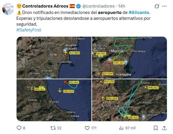 x.com/controladores/…

Anoche el aeropuerto de Alicante cerró durante unas hora, por la notificación de la presencia en un dron en sus inmediaciones.

Desde Ritrac International y Heka3 Academy damos formación de pilotos de dron bajo la normativa europea vigente.