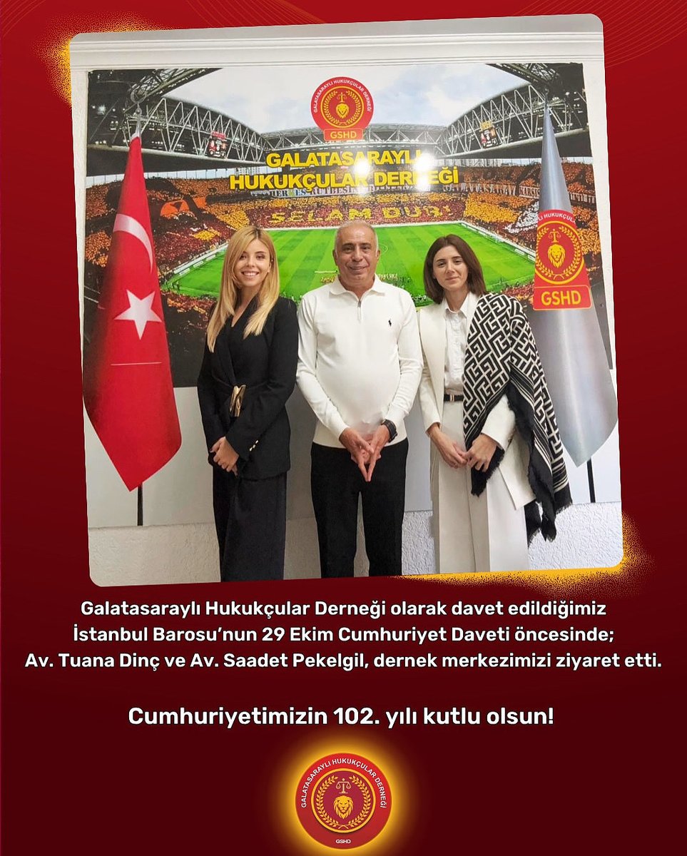 Galatasaraylı Hukukçular Derneği olarak davet edildiğimiz İstanbul Barosu’nun 
29 Ekim Cumhuriyet Daveti öncesinde; Av. Tuana Dinç ve Av. Saadet Pekelgil, dernek merkezimizi ziyaret etti. 

Cumhuriyetimizin 102. yılı kutlu olsun! 🇹🇷