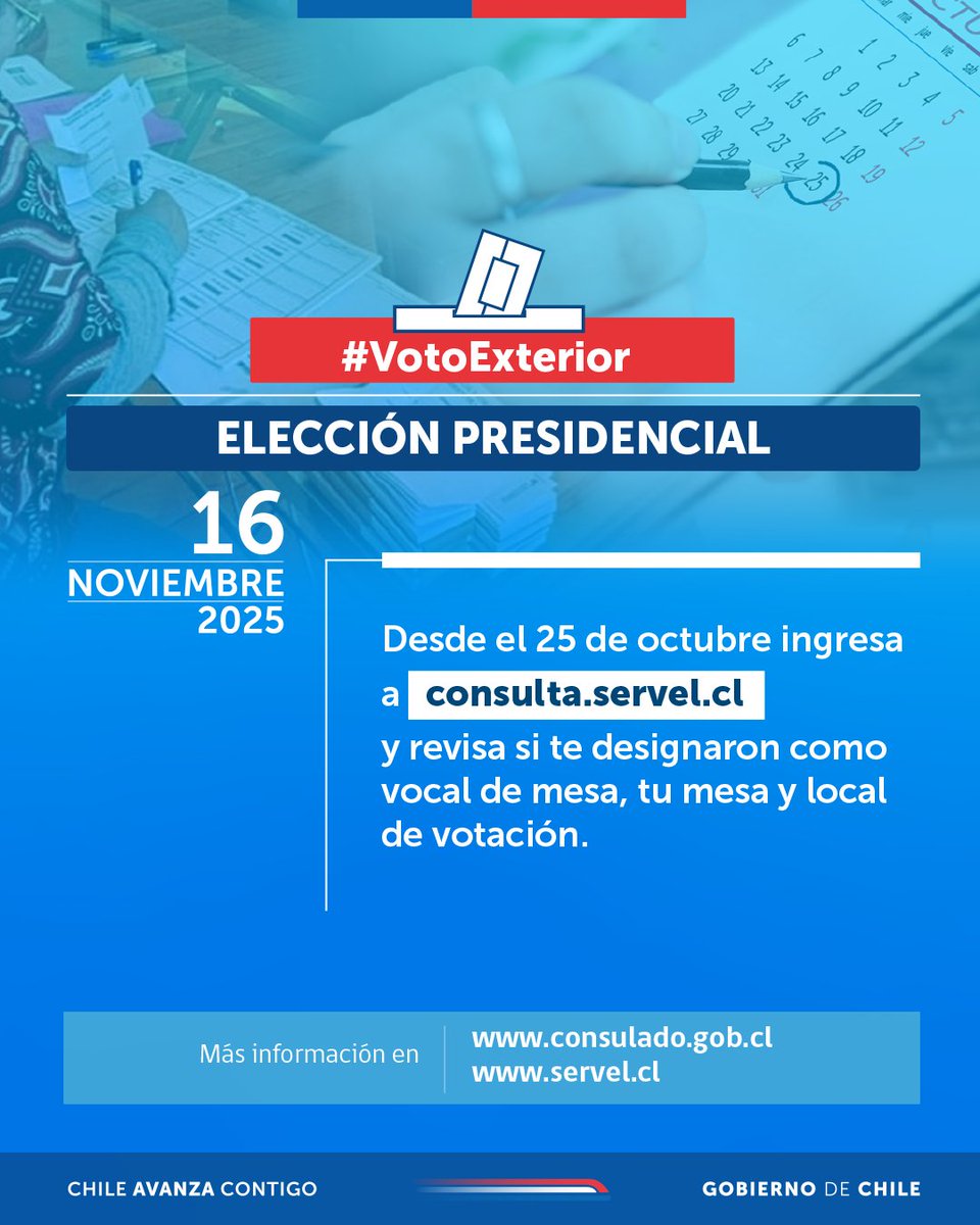 ChileenStoDgo's tweet photo. 🗳️ #VotoExterior | Este 16 de noviembre es la Elección Presidencial con voto voluntario en el extranjero.

Desde el 25 de octubre, revisa si te designaron vocal de mesa y tus datos electorales. 
https://t.co/TTXSoTahuA https://t.co/Zt7TtHKrCx