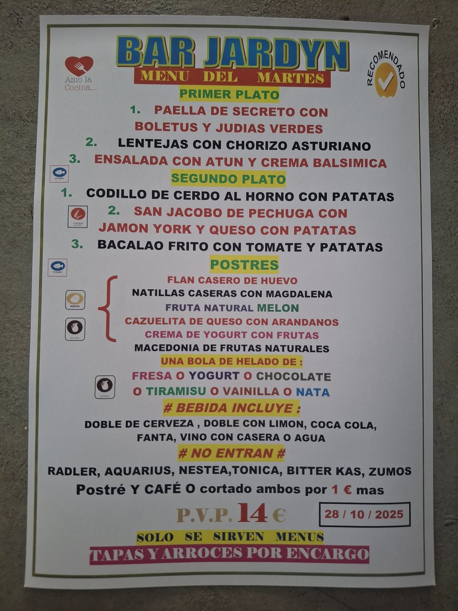 BARJARDYN11's tweet photo. BUENOS DÍAS.                                   MENU DEL MARTES.                               🥘🍻🥗🍷🍗🍺 https://t.co/1Uz5iFBdtm
