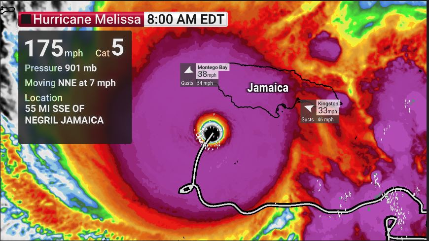 Unimaginable violence is hiding in the very small and compact eyewall of #Melissa.  Nearly continuous lightning will accompany the tornadic wind speeds.

Hurricane force winds extend outward only 25(ish) miles from the center.  Kingston will not come anywhere near those. #Jamaica