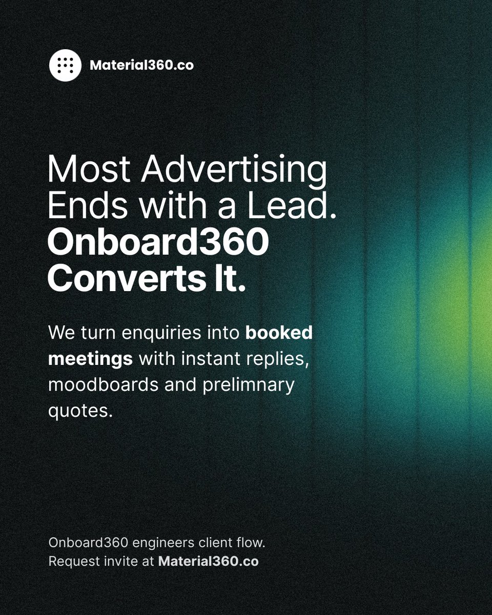 material360co's tweet photo. A lead proves nothing.
Conversion proves everything.

Request invite at https://t.co/bX6i0pgzED

#DesignFirmsThatScale #QualifiedOpportunities #DesignStudioGrowth #ClientAcquisitionPartner #ScaleWithIntent #Material360 #Onboard360 https://t.co/mMUNw9AAVp