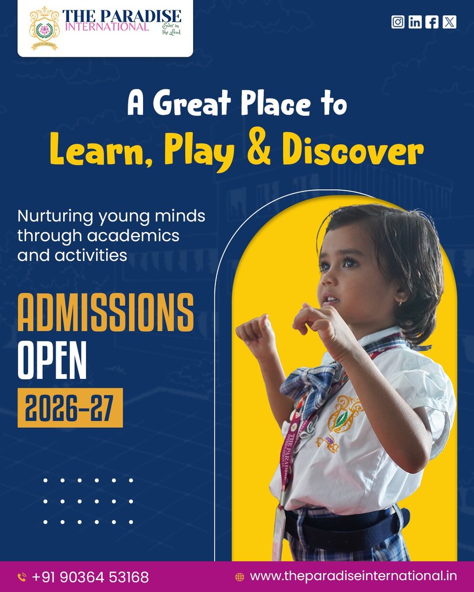 internatio84613's tweet photo. ADMISSIONS OPEN 2026-27! A great place to learn, play, and discover. Nurturing young minds through academics and activities at The Paradise International.
#AdmissionsOpen #SchoolAdmissions #EnrollNow #BestSchool #FutureLeaders #EarlyYears #EducationMatters #HolisticEducation https://t.co/vltQZvdNIq