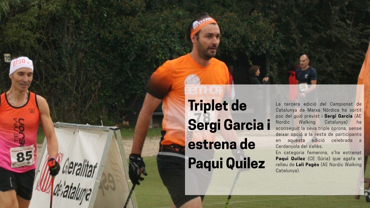 Sergi Garcia guanya el seu tercer campionat de Catalunya 👑👑👑 consecutiu i Paqui Quílez suma el seu primer títol 🥇 a Cerdanyola. 

El Campionat de Catalunya masculí de Marxa Nòrdica s'ha decidit per només 1 segon a favor de Sergi Garcia, el femení se l'ha emportat amb
