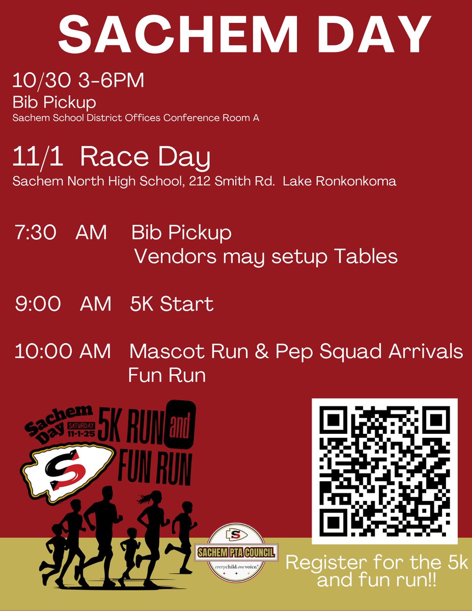 The Sachem Day 5K/Fun Run is approaching ... sign up and get ready for one of the best community days of the year! #WeAreSachem 🏹