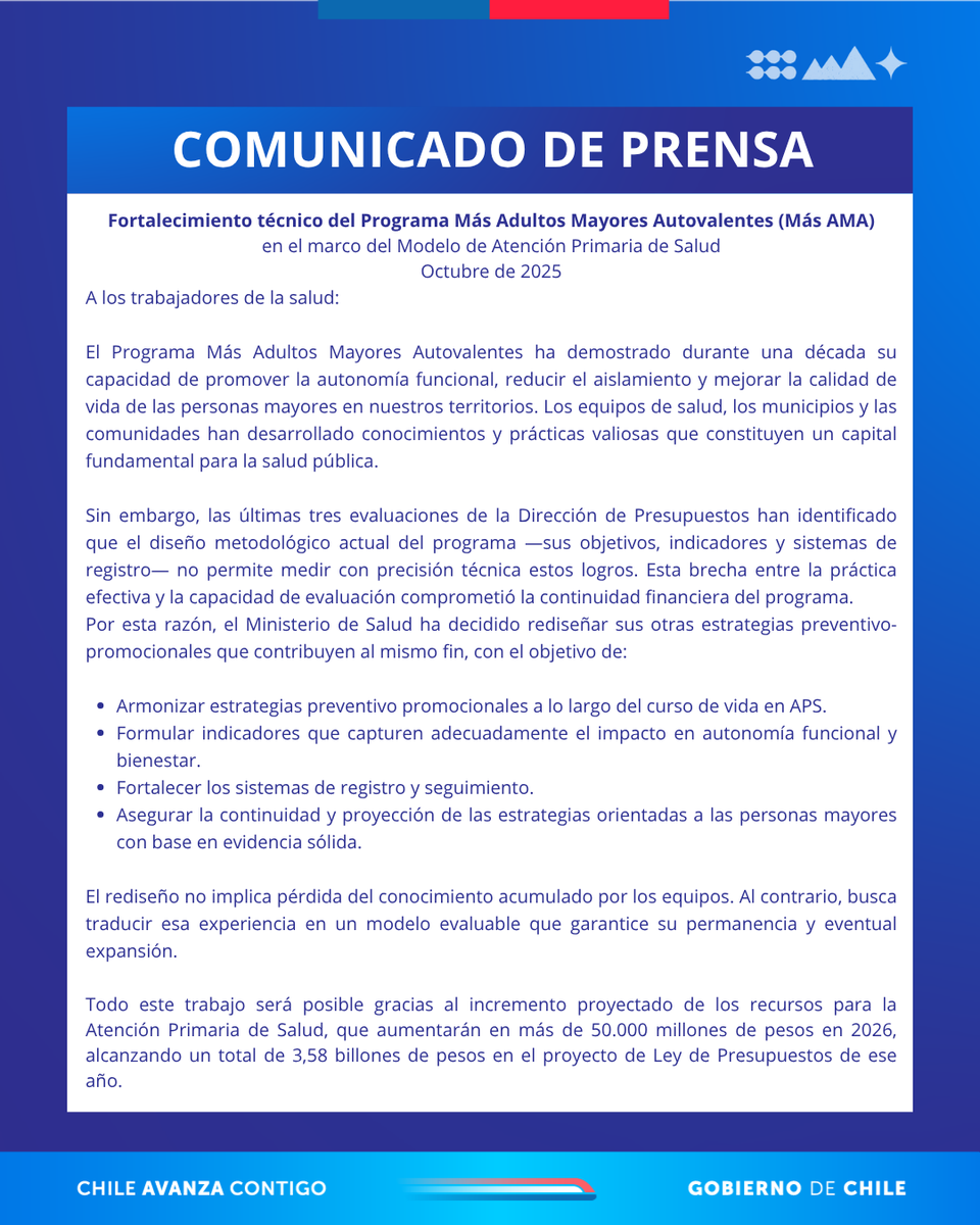 ministeriosalud's tweet photo. 🔵COMUNICADO DE PRENSA: Fortalecimiento técnico del Programa Más Adultos Mayores Autovalentes (Más AMA) en el marco del Modelo de Atención Primaria de Salud. https://t.co/M55aKp0TRN