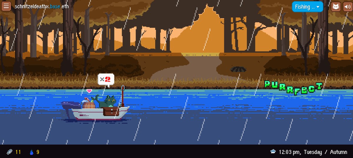 Rainy days are fishing days in <a href="/CatTownBase/">Cat Town</a> !
Lets get some fish, some $KIBBLE and this week also some $GHST during the <a href="/aavegotchi/">Aavegotchi 👻🟦 Now on Base!</a> halloween collab!