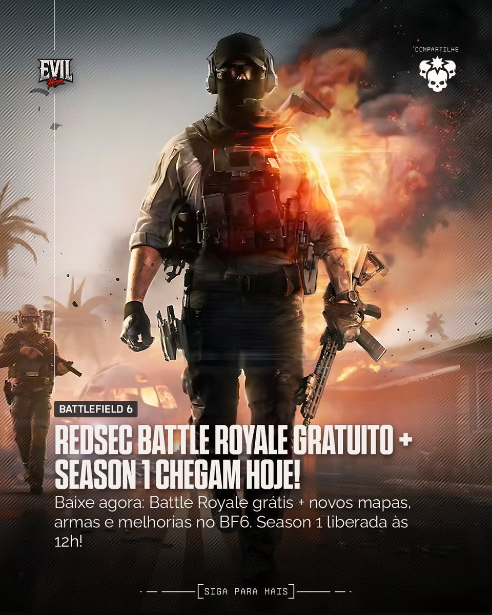 🔥 BOMBA: BF6 RedSec Battle Royale Grátis JÁ DISPONÍVEL + Season 1 Completa Libera às 12h!

📦 Tamanhos do update:
▪️ PC: 30.2 GB (Steam) / 27.6 GB (EA App)
▪️ PS5: 5.7 GB
▪️ Xbox Series X: 21.5 GB
▪️ Xbox Series S: 14 GB

#Battlefield6 #RedSecBR #BattleRoyale #Season1BF6