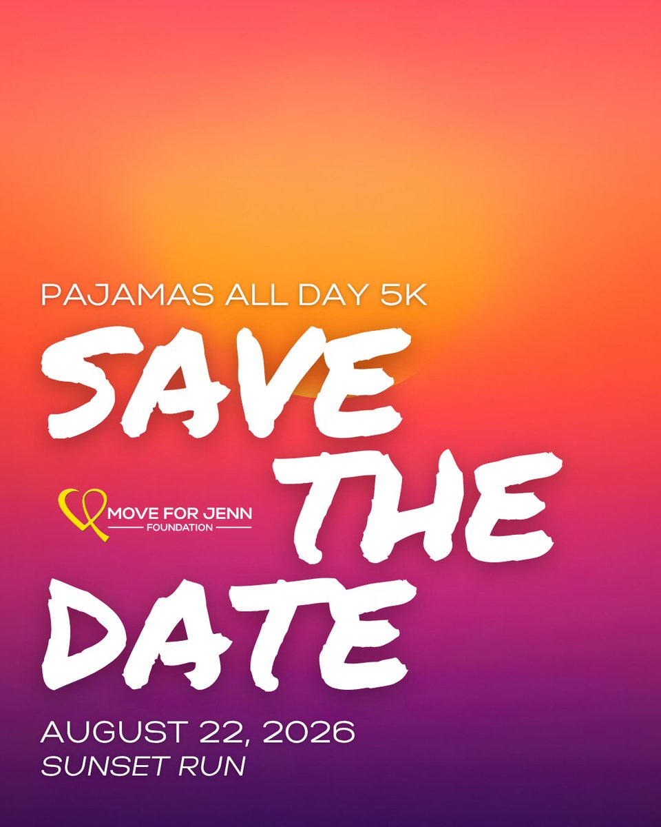 MoveForJenn's tweet image. We are SO excited to share that the 7th annual Pajamas All Day 5K will take place on Saturday, August 22...in the evening! 🌇

Stay tuned for registration details, new surprises, and all the fun we’ve got planned for our favorite event of the year. 💜✨