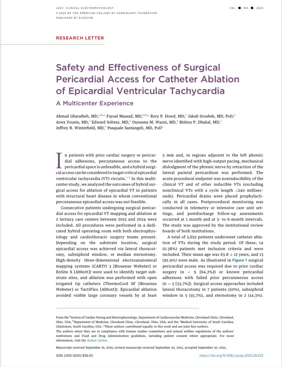 Pleased to share our work in <a href="/JACCJournals/">JACC Journals</a> where we describe the safety and effectiveness of surgical pericardial access for catheter ablation of epicardial ventricular tachycardia

Grateful to 🌟co-lead author <a href="/gharaibeh_a/">Ahmad Gharaibeh</a> , coauthors as well as <a href="/Dr_Santangeli/">Pasquale Santangeli</a> for his mentorship