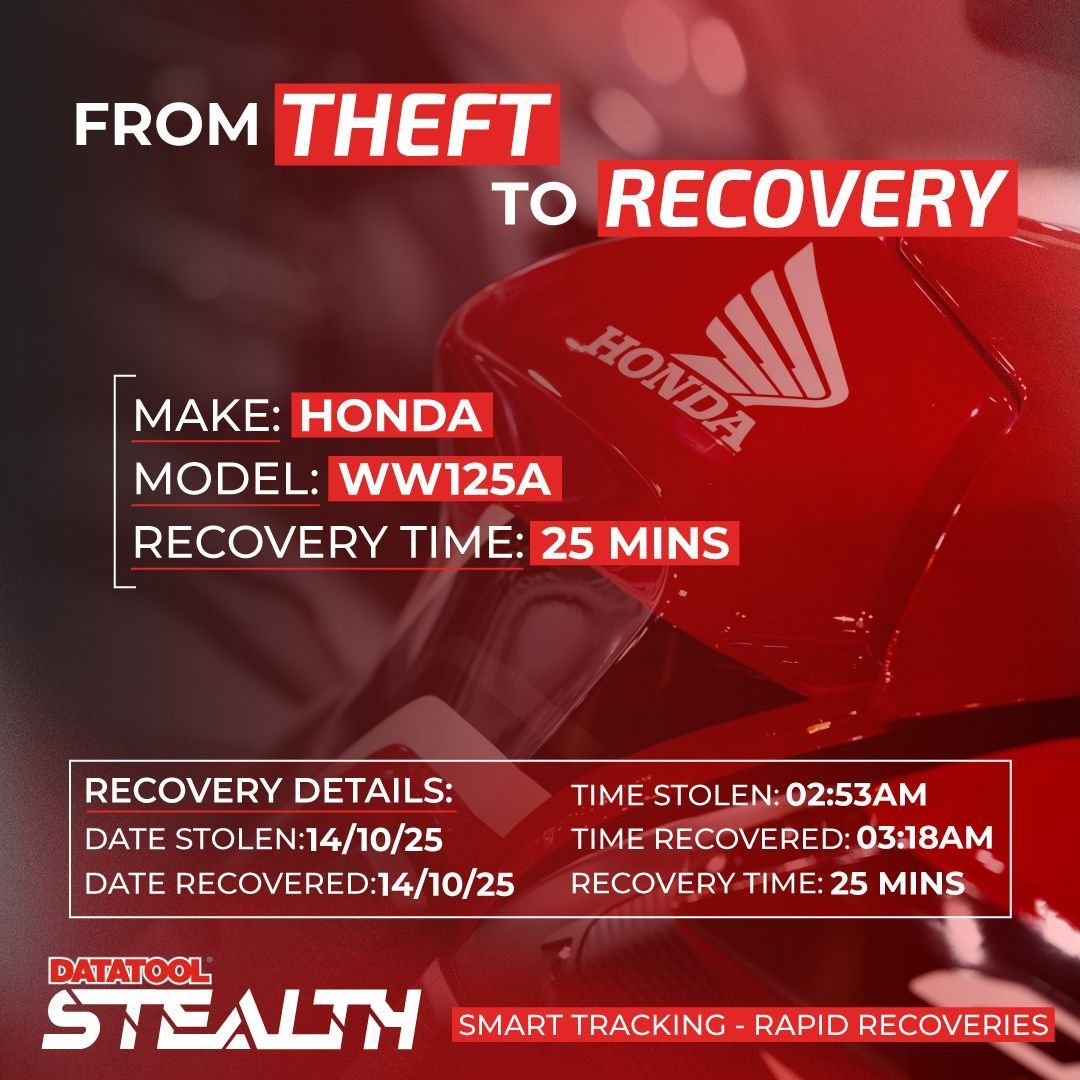 datatool's tweet image. This Honda WW125A was stolen in the early hours but was recovered in less than thirty minutes thanks to our Datatool Stealth device and our vehicle recovery team. Discover how our Datatool Stealth can provide peace of mind, ensuring your bike is secure no matter the hour.