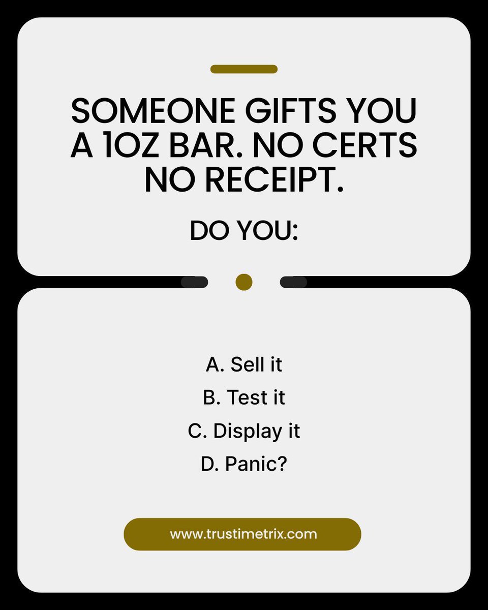 trustimetrix's tweet image. You’d be surprised how often this happens.

We get calls weekly from people unsure what’s real and what’s not - no paperwork, no proof, just hope.

That’s why testing matters. 

Always.

#TrustiMetrix #SigmaMetalytics #SafeAccurateTrusted #GoldVerification #BullionTools