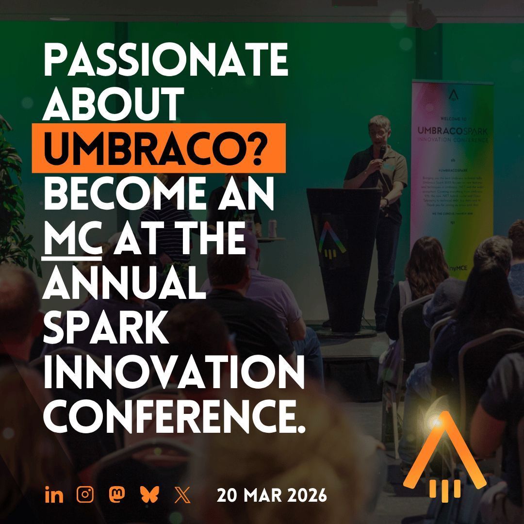 umbracospark's tweet image. Ready to shine? Volunteer as an MC at #UmbracoSpark! 🎤🔥 Perks include: 🎟️ FREE entry 🎁 Exclusive gift. Your role: ✨ Energise audiences ⏰ Keep sessions on track 👏 Wrap up with thanks. Fun and fully supported! 🧡 Interested? Contact us at umbracospark@gibedigital.com
