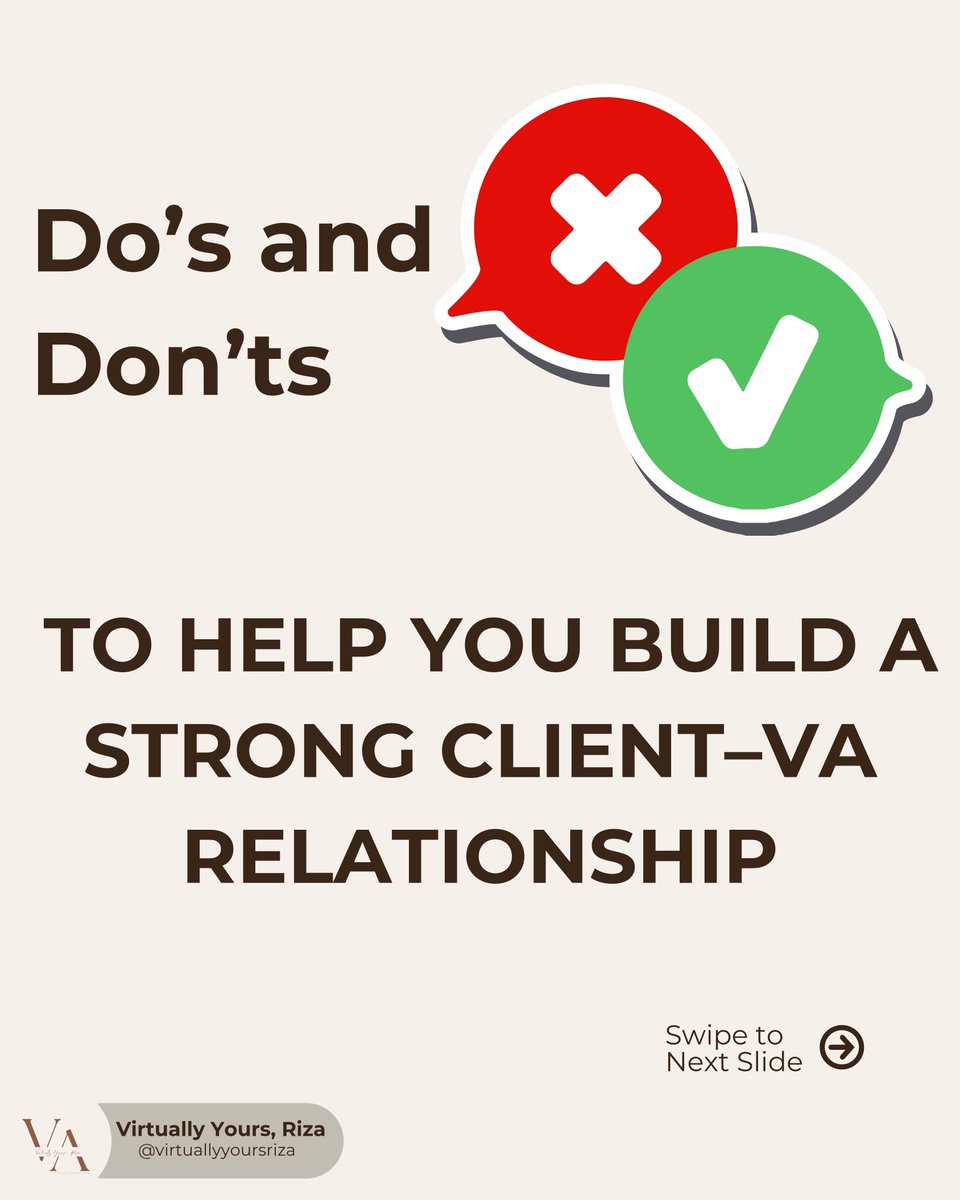 YourVARiza's tweet photo. Working with a VA but feeling like things get lost in translation sometimes? 
Here are some quick Do’s and Don’ts to help you build a strong client–VA relationship.

When communication flows, so does productivity. 

#VirtualAssistantTips #TeamworkMakesTheDreamWork https://t.co/7gDM3GqfRT
