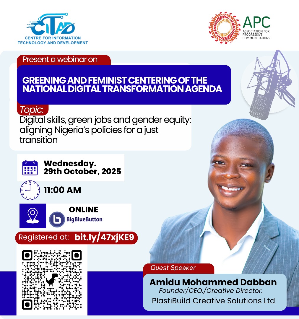 If you work in policy, climate, gender, or digital innovation, this is one event you can’t afford to miss.
Digital skills, green jobs &amp; gender equity: aligning Nigeria’s policies for a just transition

🗓 29th Oct | ⏰ 11AM | 💻 Online
Register now: bit.ly/47xjKE9 <a href="/YZYau/">Yunusa Ya'u</a>
