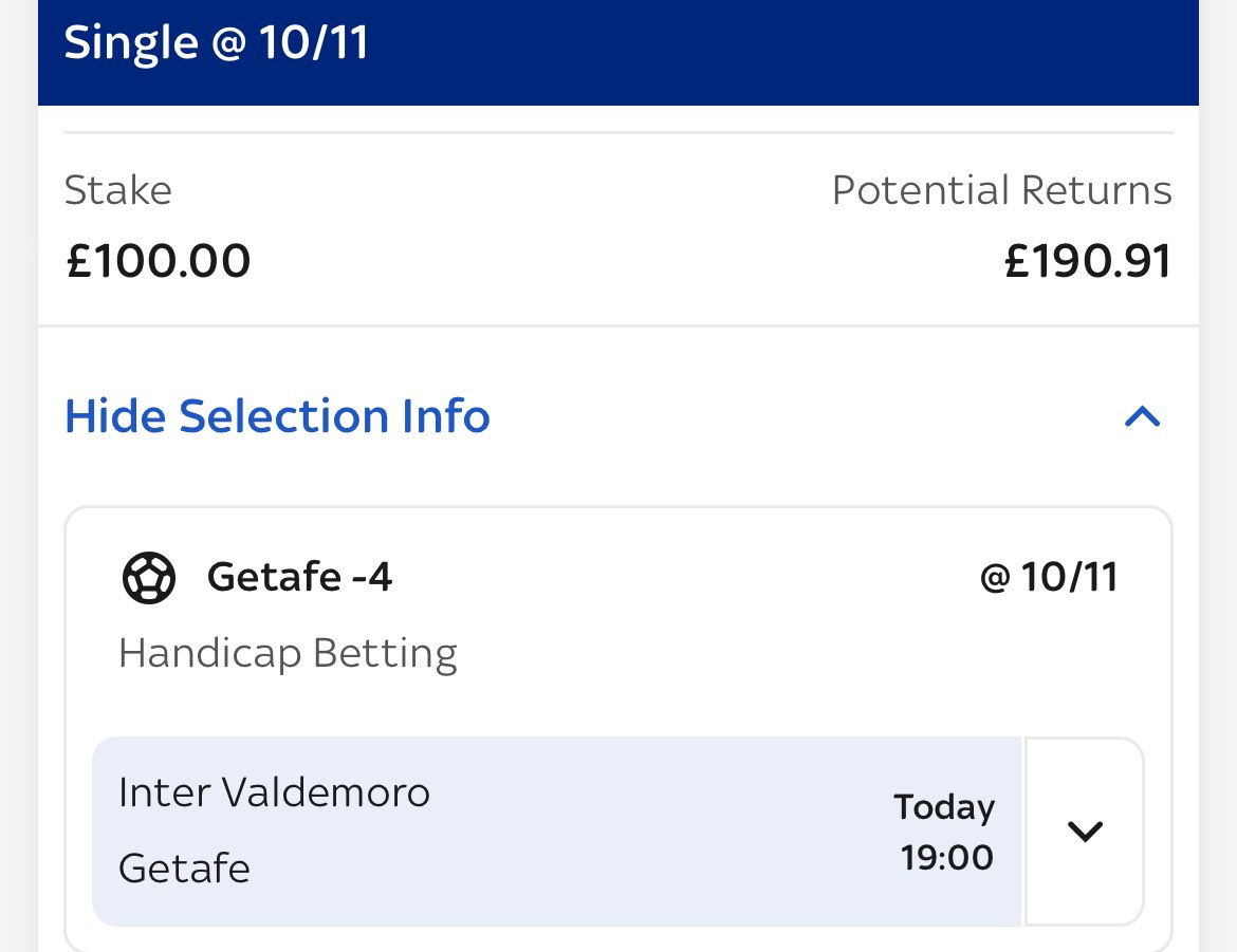 BestArbBets's tweet photo. £19 GUARANTEED PROFIT 🚨 

Getafe v Inter de Valdemoro - Asian Handicap - Bet365/Skybet

⏰ - 7pm

#CopaDelRey #Matchedbets #FootballBets #PremierLeague https://t.co/85CYmnNK28