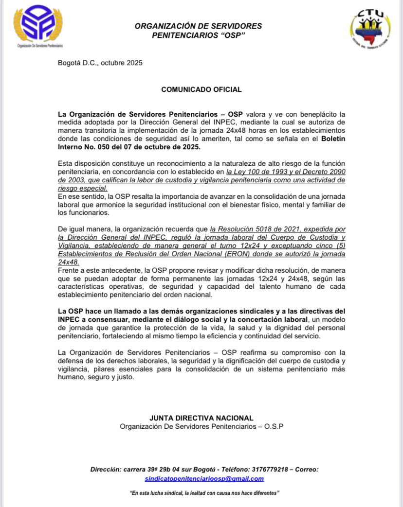 A solicitud de los servidores penitenciarios, la <a href="/ospinpec/">OSP</a> eleva petición a la <a href="/DInpec/">Director General INPEC</a> para que, junto con la administración del nivel central y las organizaciones sindicales, se concerte un modelo diferencial y sin excepciones de jornada laboral.