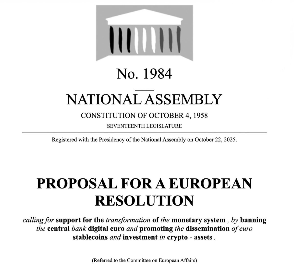 RobynHD's tweet photo. BREAKING: 🇫🇷 Frankreich geht in die Bitcoin-Offensive!

Der französische Politiker Éric Ciotti @eciotti hat einen Gesetzesentwurf eingebracht, um das Währungssystem zu modernisieren ➟ mit Bitcoin & Krypto im Zentrum.

Geplant ist u.a. eine nationale Bitcoin-Reserve von 420.000 BTC (≈2% des Gesamtangebots) über 7–8 Jahre – finanziert durch Atom- & Wasserkraft fürs Mining.

Die Wahrscheinlichkeit, dass es erfolgreich sein wird, halte ich für relativ gering. Aber dass solche Ideen überhaupt in der Politik ankommen, ist ein klares Statement.