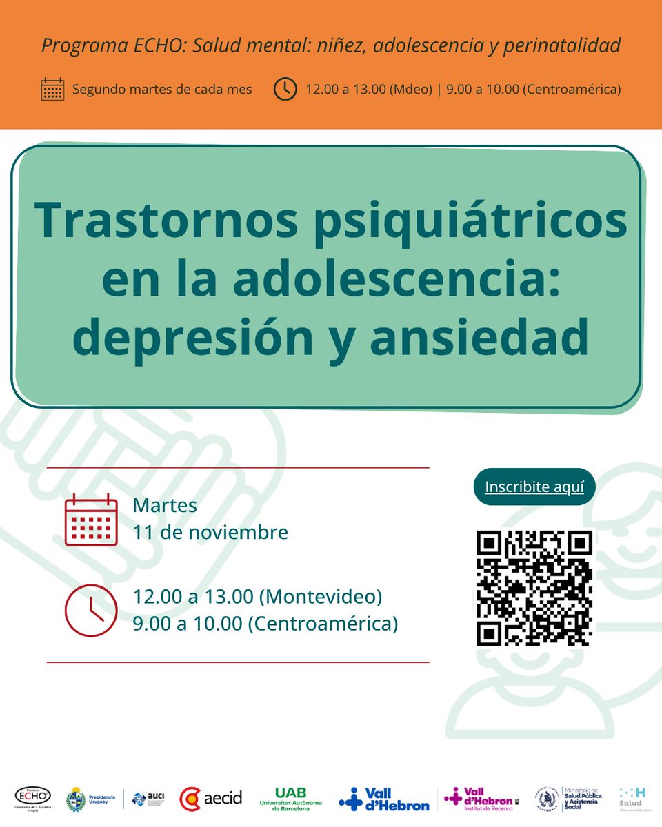 📢 Programa ECHO Salud mental: niñez, adolescencia y perinatalidad

📌Trastornos psiquiátricos en la adolescencia: depresión y ansiedad

📅 Martes 11 de noviembre
⏰ 12 a 13 h (Montevideo) / 9 a 10 h (Centroamérica)

📝 Inscripción en QR o en el enlace: iecho.org/public/program…