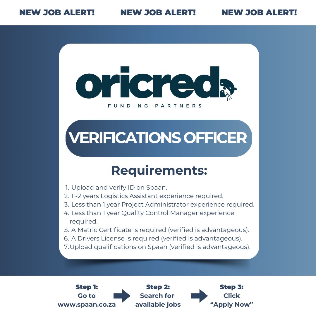 🚨 Oricred is hiring a Verifications Officer!

Verify every PO/invoice — supplier, stock, delivery, buyer environment 

Req: Spaan-ID, 1–2 yrs exp, Matric, Driver’s License, 100% complete profile

📅 Closing: 1 Nov 2025

Apply now: spaan.co.za