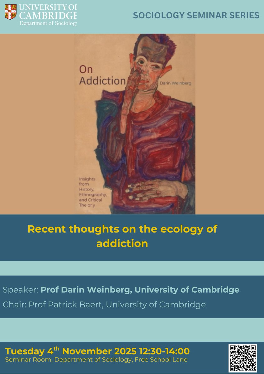 Here at the department, we are proud to announce our next speaker for this term's seminar series! Join us on 4th November for our own Prof Darin Weinberg's talk on the ecology of addiction. 
Location: Sociology Seminar Room,
Date and time 📷:12:30-2pm

shorturl.at/WPDIb
