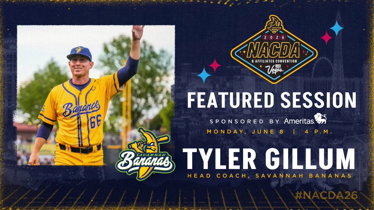 NACDA's tweet image. We are ready to ball out in Vegas next summer 🍌⚾️
@TheSavBananas Head Coach @Gillum66 will headline the #NACDA26 Association-Wide Featured Session on Monday, June 8 sponsored by @Ameritas 🙌
🔗: bit.ly/4nfGixN