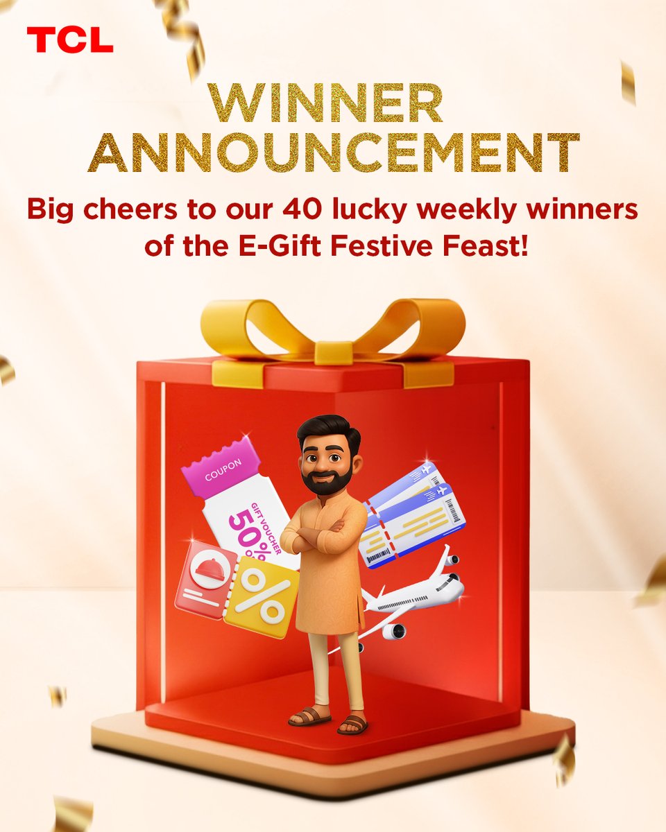 tcl_india's tweet photo. The Celebration Continues! 🥳 Congratulations to the next 40 lucky winners of the TCL Grand Diwali Dhamaka!

Your festive planning just got a delicious upgrade! You've each won E-Gift Vouchers, the perfect fuel for your festive feasts and treats. 🍽

We're thrilled by your incredible energy! Thank you for making this celebration shine so brightly with TCL.

T&C Apply*

#TCL #TCLIndia #WinnerAnnouncement #TCLGrandDiwaliDhamaka #Diwali #DiwaliContest #FestiveFeast #EGiftVouchers