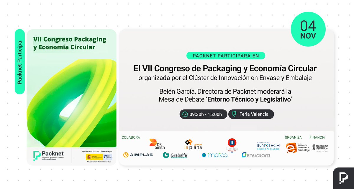 Packnet_'s tweet image. 📢 El próximo 4 de noviembre participaremos en la VII edición del Congreso de Packaging y Economía Circular, organizado por nuestro socio @ClusterEnvase

🕐 9.30h-15.00h 📍Feria Valencia 

clusterenvase.com/congreso-packa…

#PacknetParticipa #sociosPacknet